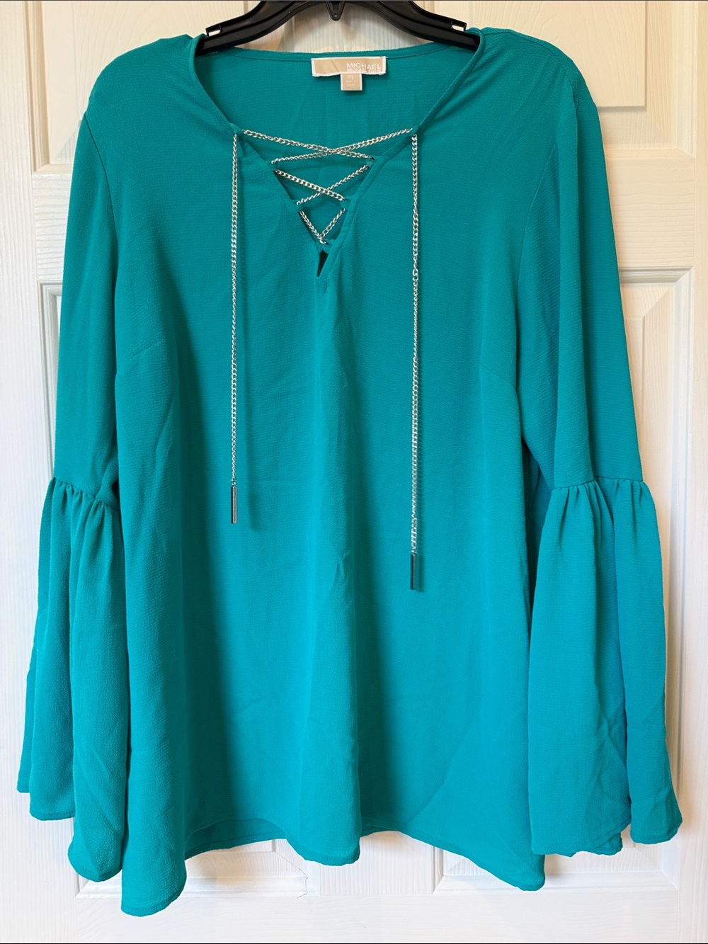 🌟Michael Kors Turquoise Chain Lace-Up Bell Sleeve Top Size XL🌟